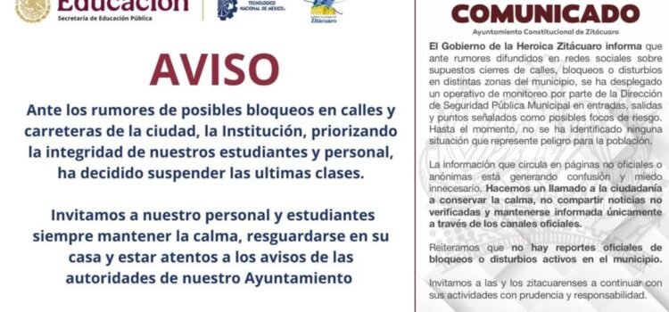 Suspende Tec Zitácuaro clases por presuntos bloqueos