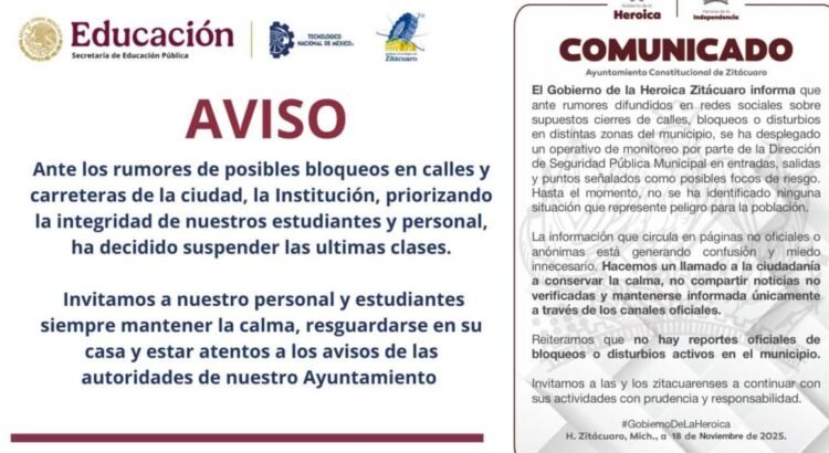 Suspende Tec Zitácuaro clases por presuntos bloqueos
